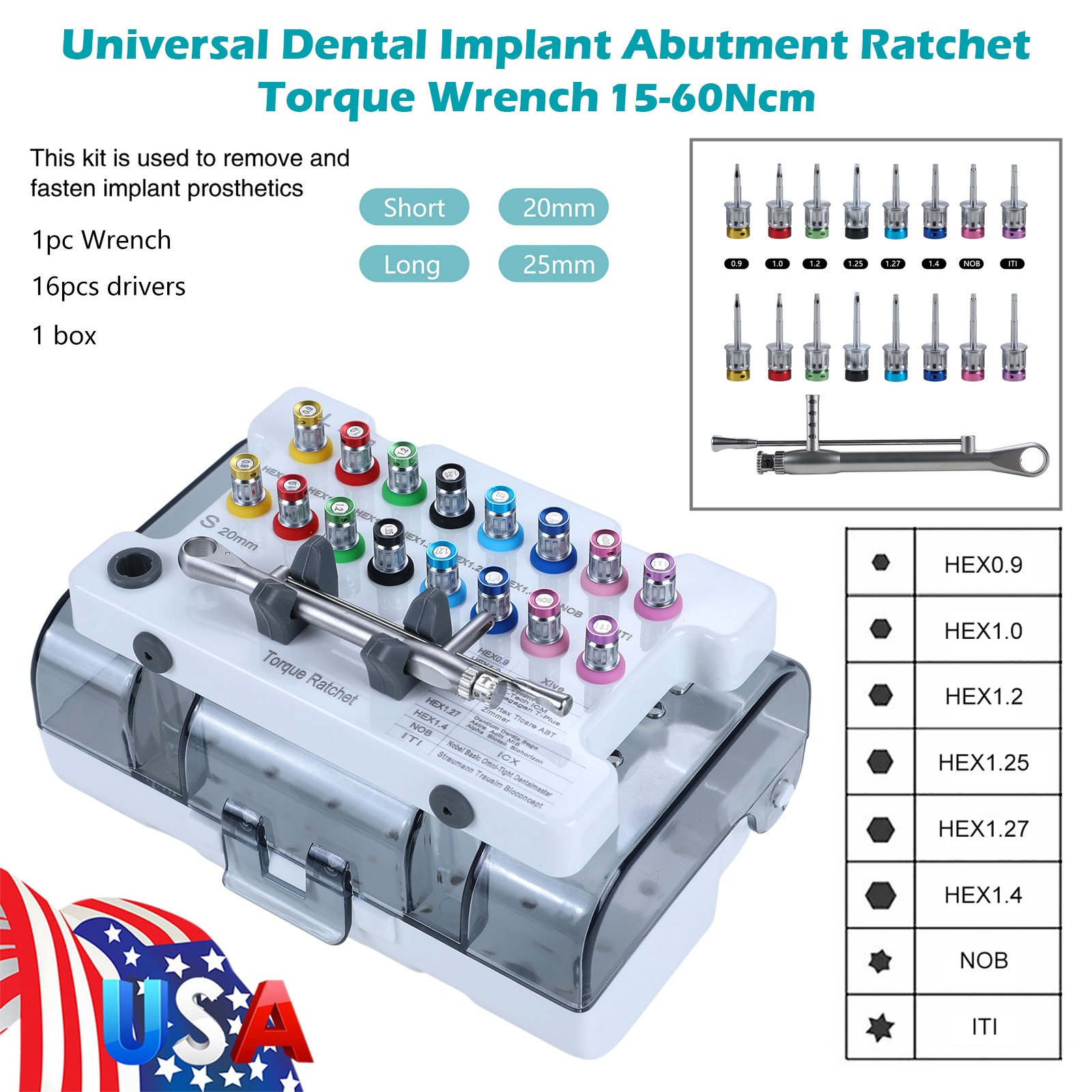 Dental Universal Implant Prosthetic Kit Torque Wrench Screw Drivers Remover+ Box