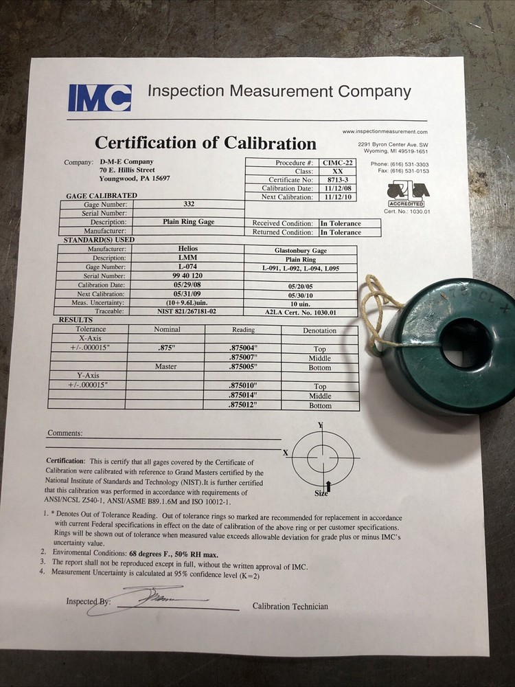 .875” Master Ring Gage Bore Setting Ring Gage Class X With Certification