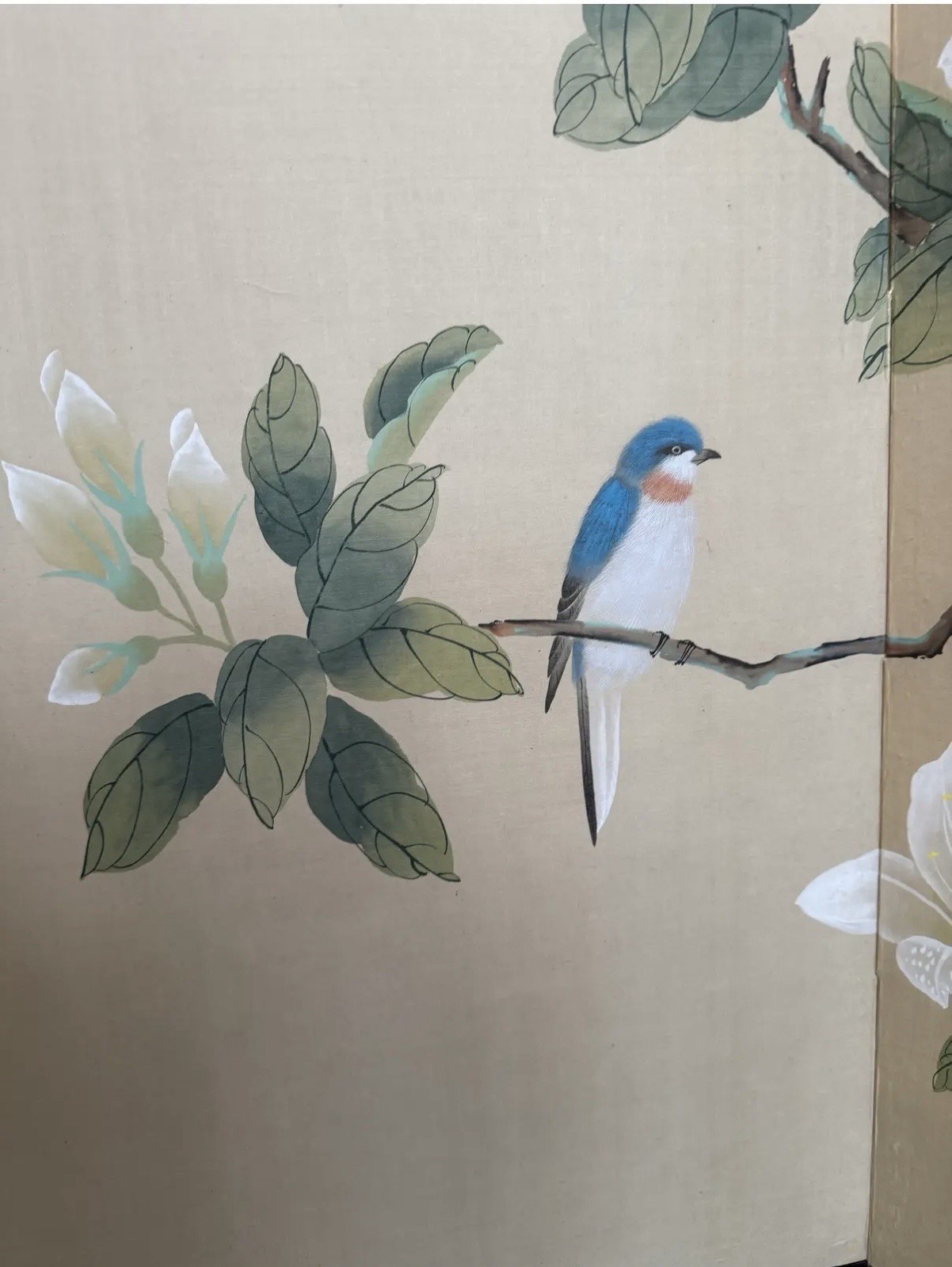 Magnificent Asian Hand Painted Magnolia & Bird Signed Four Panel Folding Screen