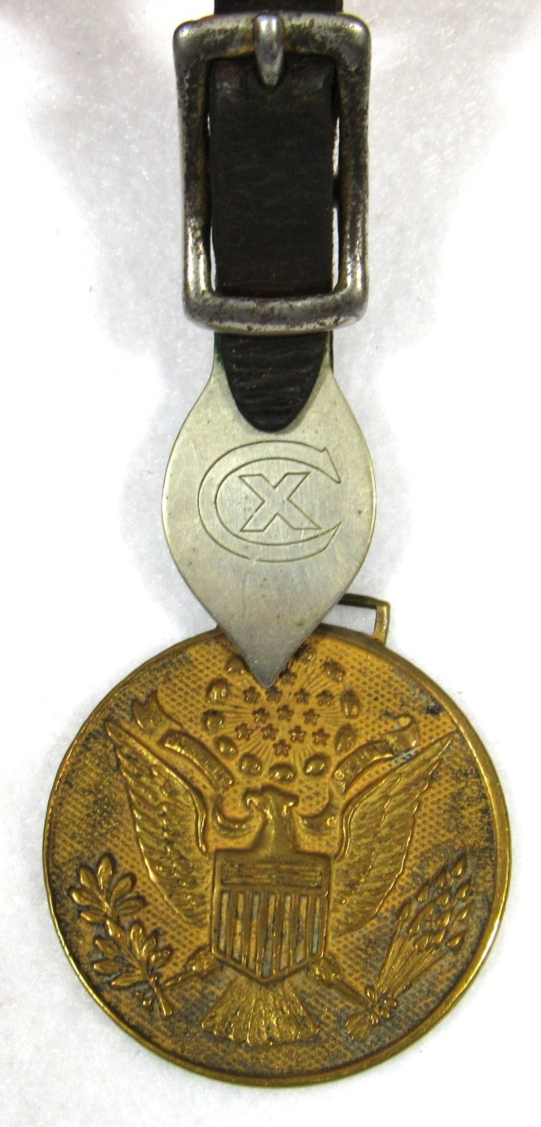 WWI US ARMY BRASS EAGLE WATCH FOB W/ LEATHER STRAP