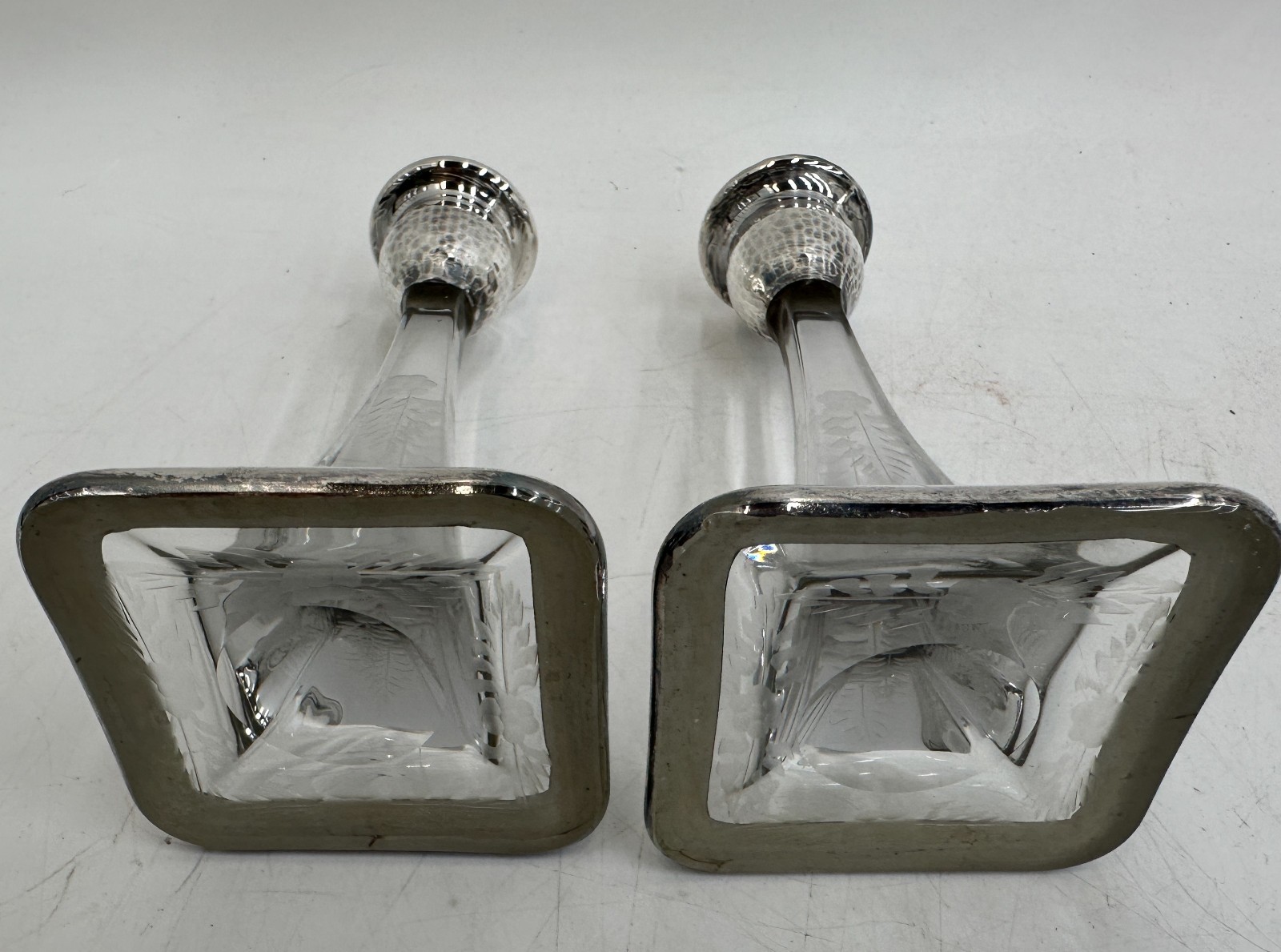 Vintage Pair Hand Hammered Sterling Silver and Cut Glass Candlestick Holders