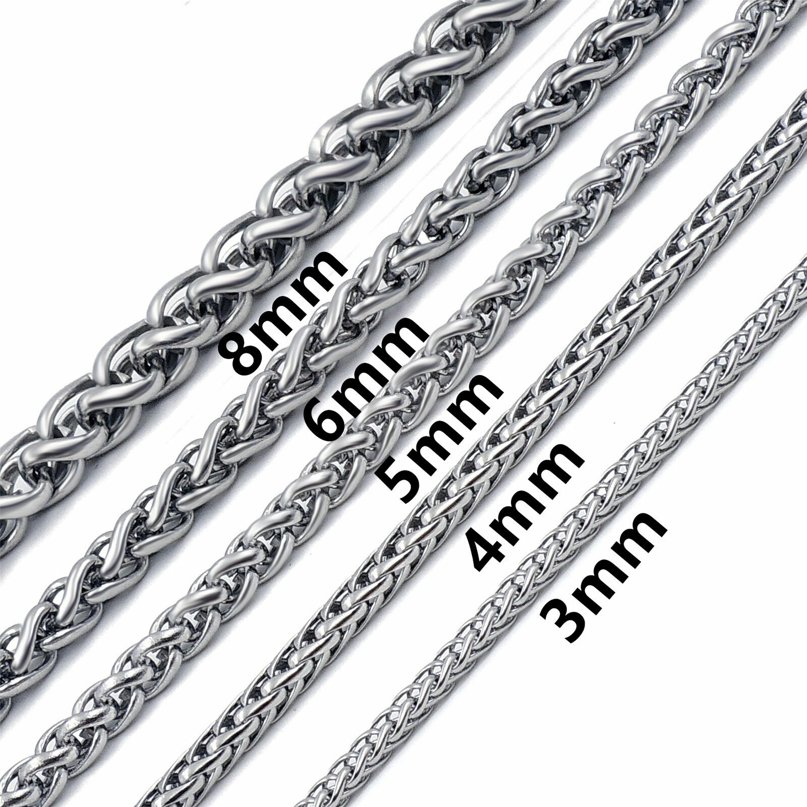 3/4/5/6/8MM Mens Silver Stainless Steel Necklace Wheat Braided Chain 18-30" Gift