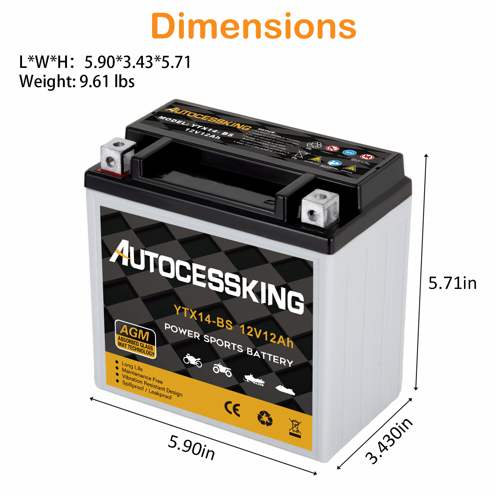 YTX14-BS Motorcycle Battery Sealed Rechargeable AGM CTX14 ETX14-BS ATV Scooter