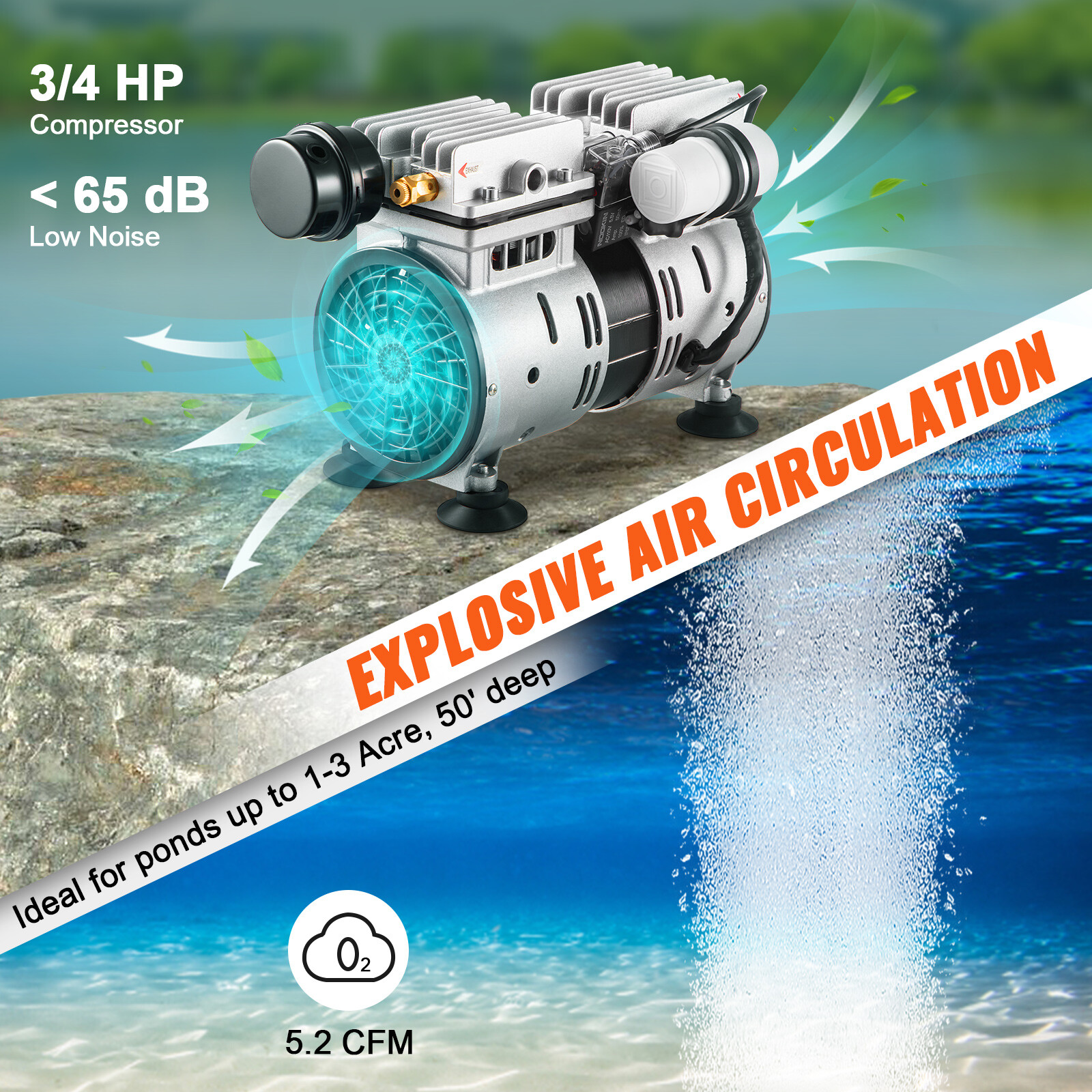 VEVOR 3/4HP Pond Aerator Pump Lake Pond Aeration System 550W 3 Acre w/ timer