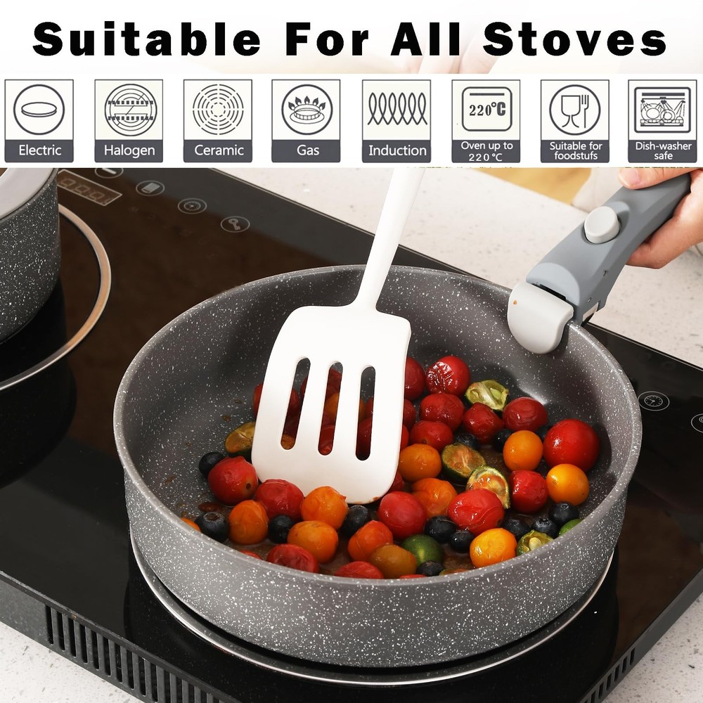 Gray Non Stick Pot and Pan Set with Removable Handle, Ceramic Cookware Set De...