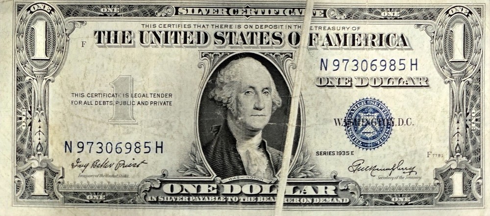 1935E $1 Dollar Bill Silver Certificate Note Error Gutter Fold W Error Cutting