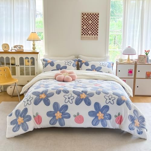 Fleece Comforter Set - 3 Piece Queen Size Thick Queen(90"x90") Blue Floral