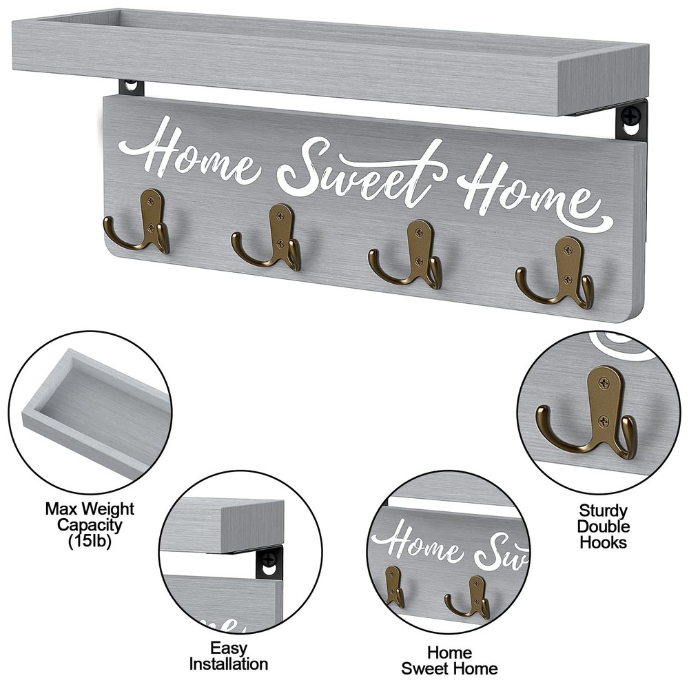 Key Holder Wall Mount with 4 Double Hooks-Solid Wood Wall-Mounted Organizer USA