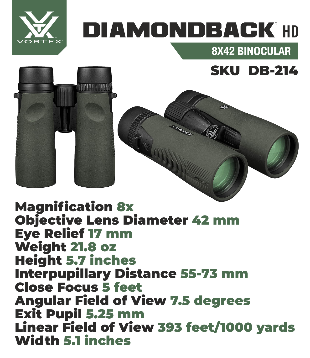 Vortex Optics Diamondback HD 8x42 Binocular with Free Camo Digital Hat Bundle