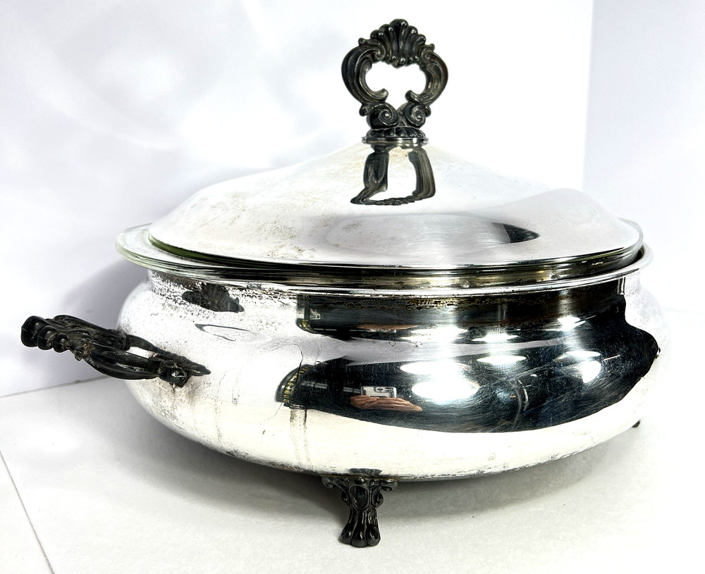 VTG Rogers Silverplate Footed Lidded Casserole Dish & 3.5QT Pyrex Glass Insert