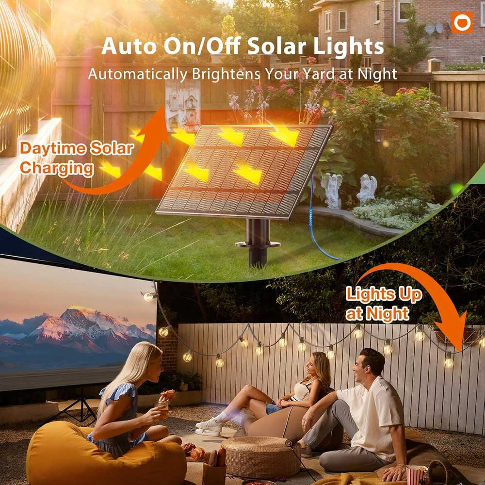 100FT Solar String Lights Outdoor with Remote, 54 LED Shatterproof Bulbs, Dimmab
