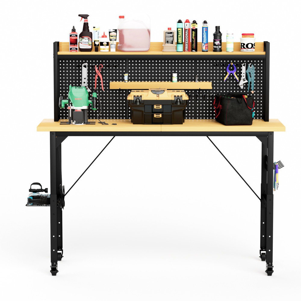 71'' Adjustable Workbench w/ Pegboard, Wheels & Power Outlets