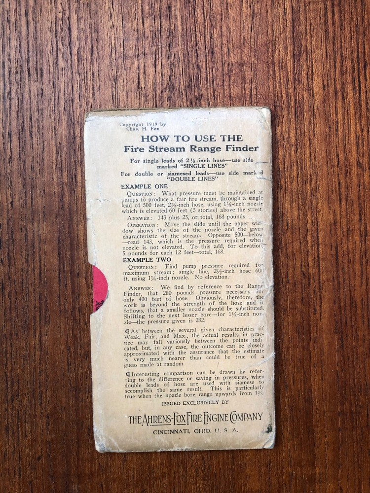 Ahrens Fox Fire Engine Company Fire Stream Range Finder 1919