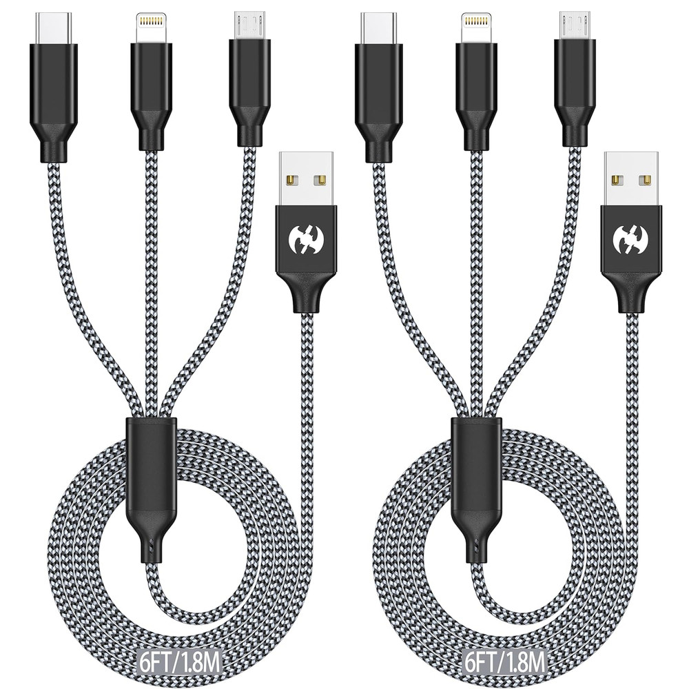 Multi Charging Cable 6Ft 2Pack 3 in 1 Charger Cord, Multiple Rapid Nylon Braided