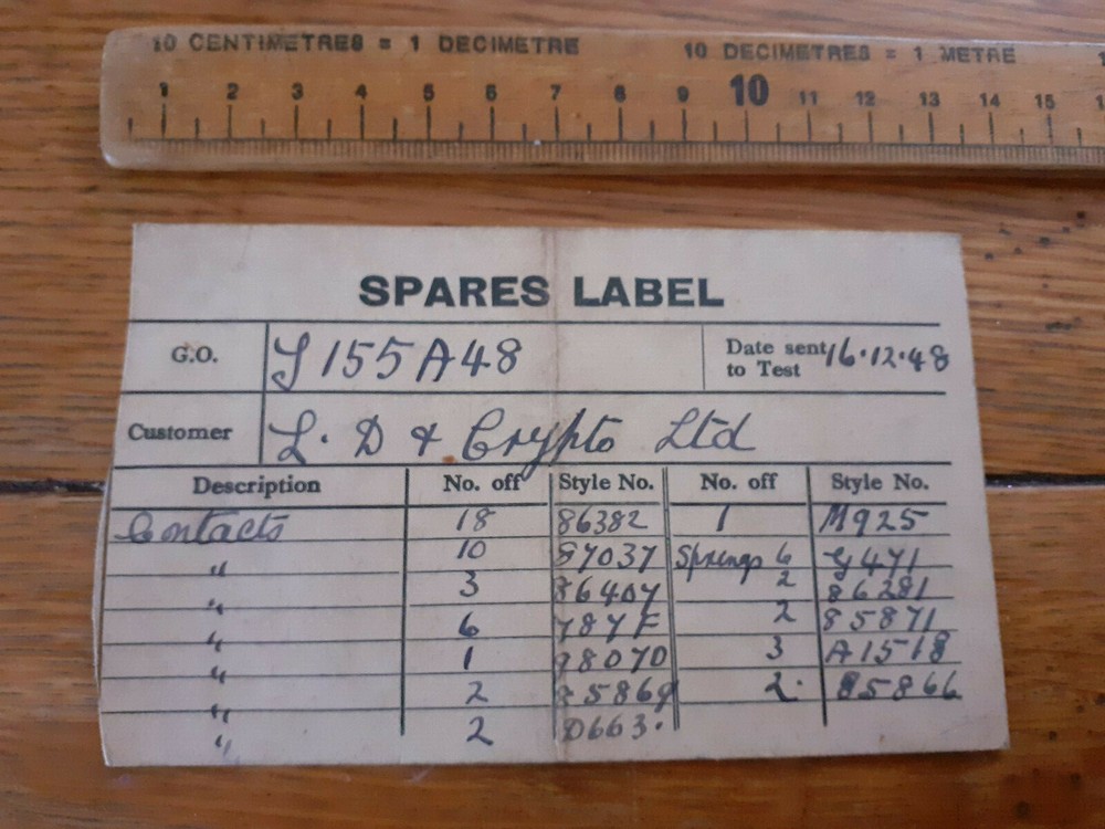 1948 LD Grypto or Crypto limited spares label