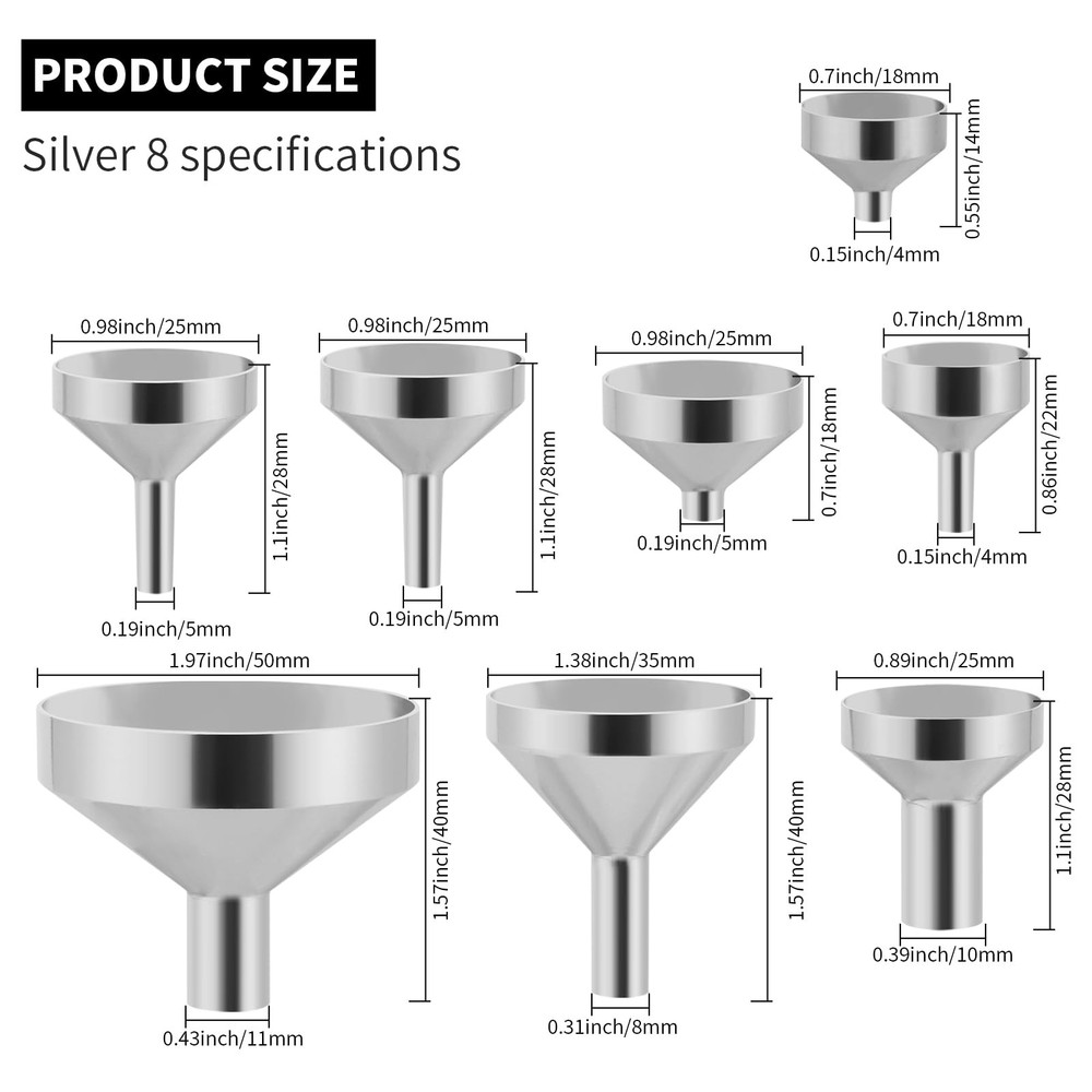 Small Metal Funnels Mini Funnel 8 Size Tiny Bottle Funnel, Miniature Atomizer...