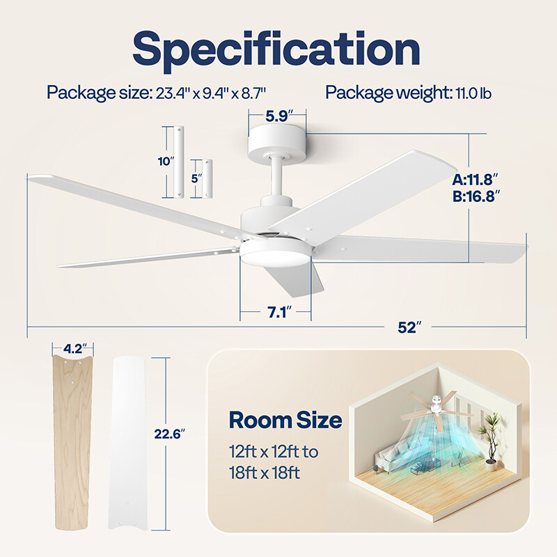52'' Flush Mount LED Ceiling Fan with Light & Remote 6+1 Speeds, 3CCT, Dimmable