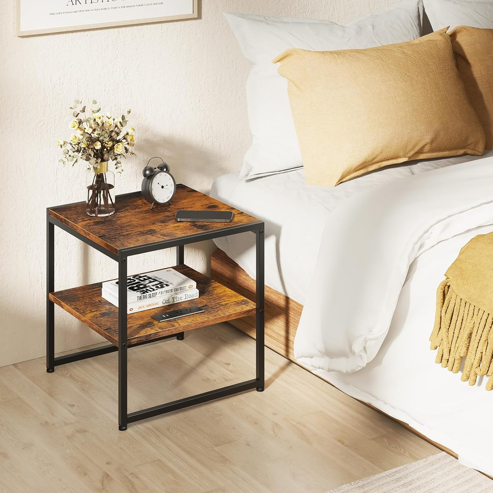 20IN End Table with Charging Station, Rustic Brown Square Side Table with USB Po