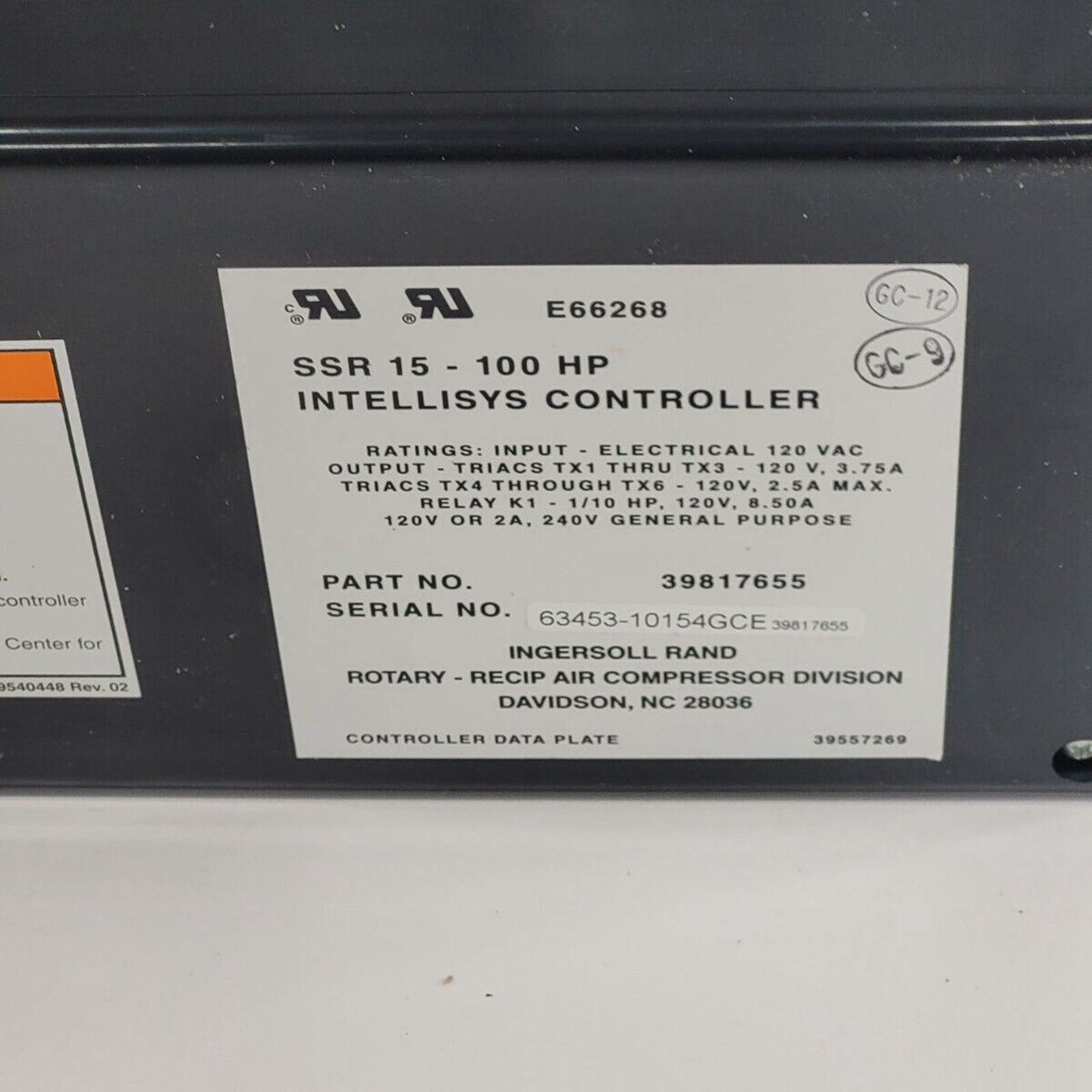 NEW INGERSOLL RAND SSR15-100HP 39817655 120VAC 3.75A UNMP Controller