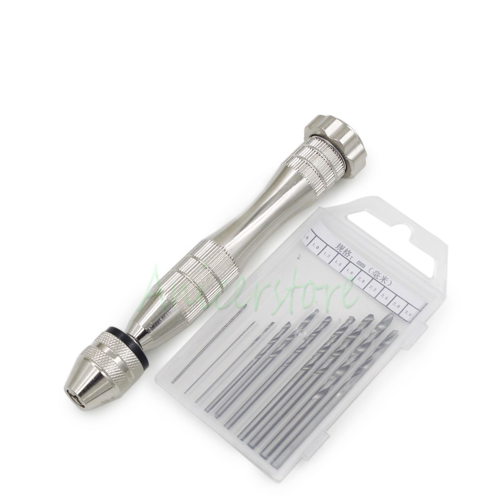 Rotary Handle Drilling Tool + Micro 10 Drill Bits For PCB Wood Model Making DIY