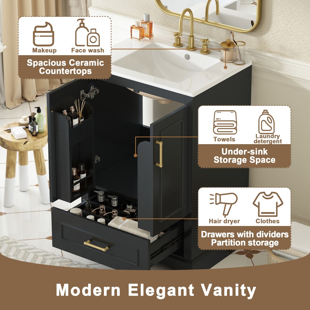 24"Bathroom Vanity with Sink, MDF Cabinet with Solid Wood Frame 1 Divided Drawer