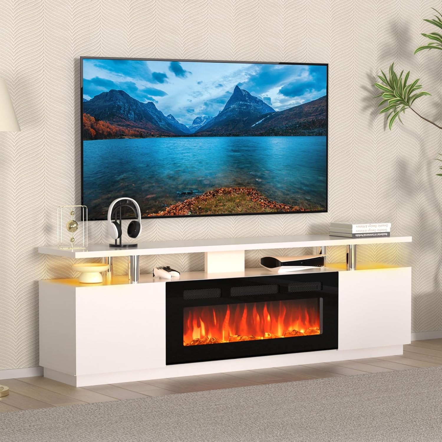 70 In 2 Tier TV Console Stand Cabinet With 36 In Electric Fireplace Heater White