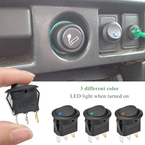 3PCS Rocker Toggle Switch, 12V 20A Round Dot Lighted Rocker On-Off Blue