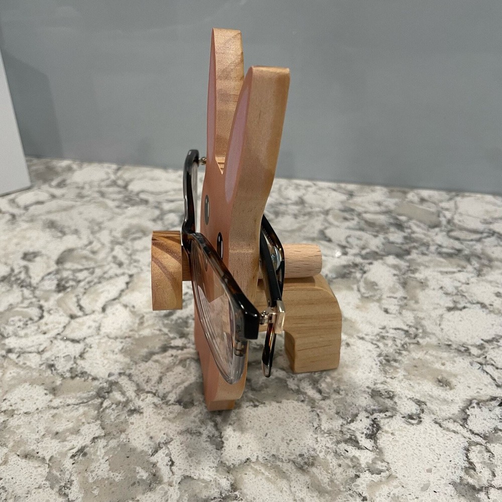 Pink bunny rabbit bedside glasses holder wood