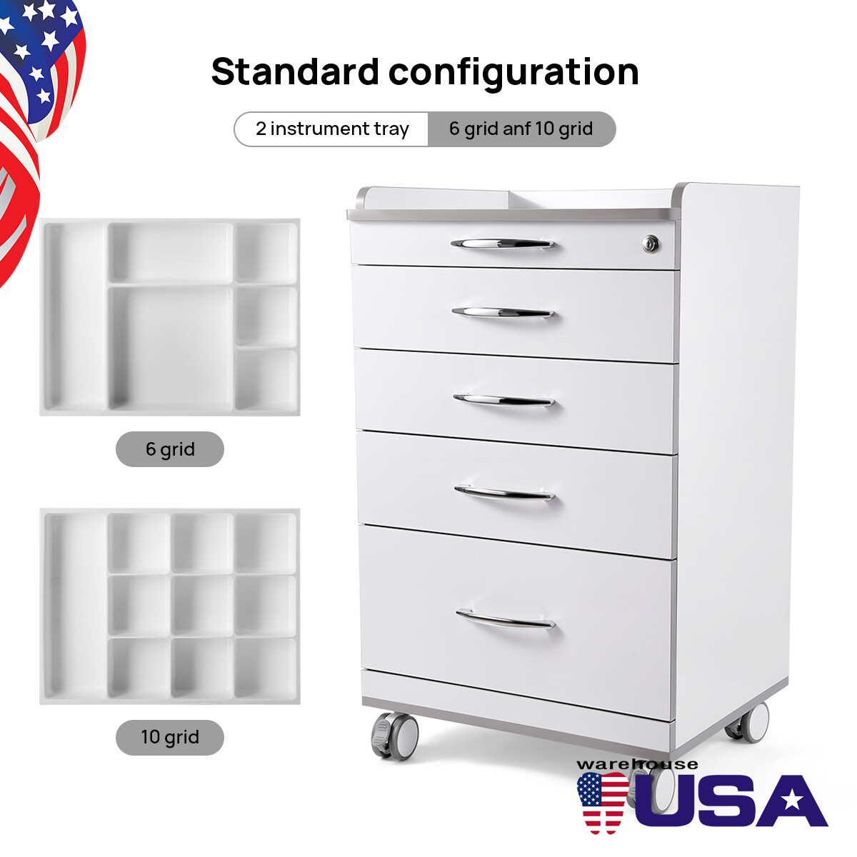 4 Drawers Dental Lab Mobile Cabinet Clinic Cart Medical Trolley W/ Power Socket