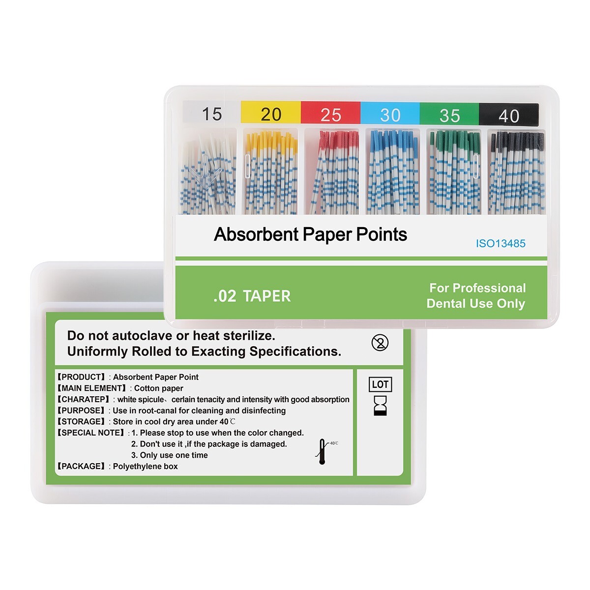 Puntas de papel absorbente dental y puntas de gutapercha con escala Conicidad F#