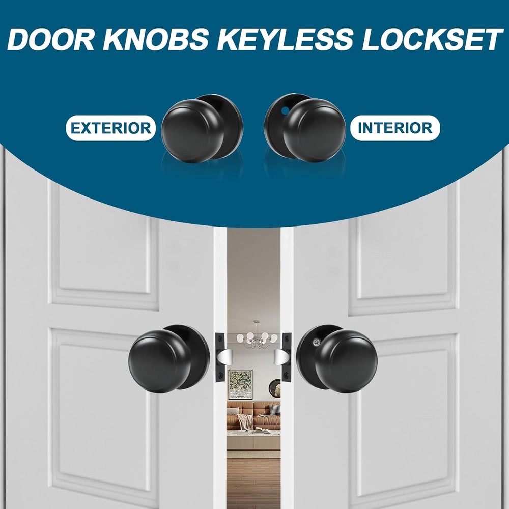 RAZCC 4-Pack Matte Black Passage Door Knobs, Interior Round Handles for Hallway/