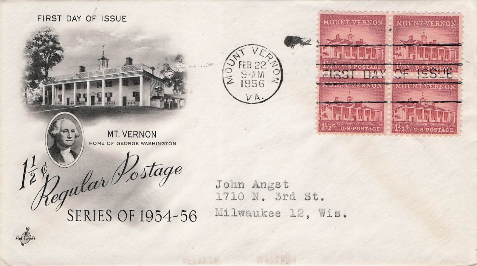 1956 Mount Vernon Block of 4 George Washington FDC ArtCraft Vtg Cover CV03