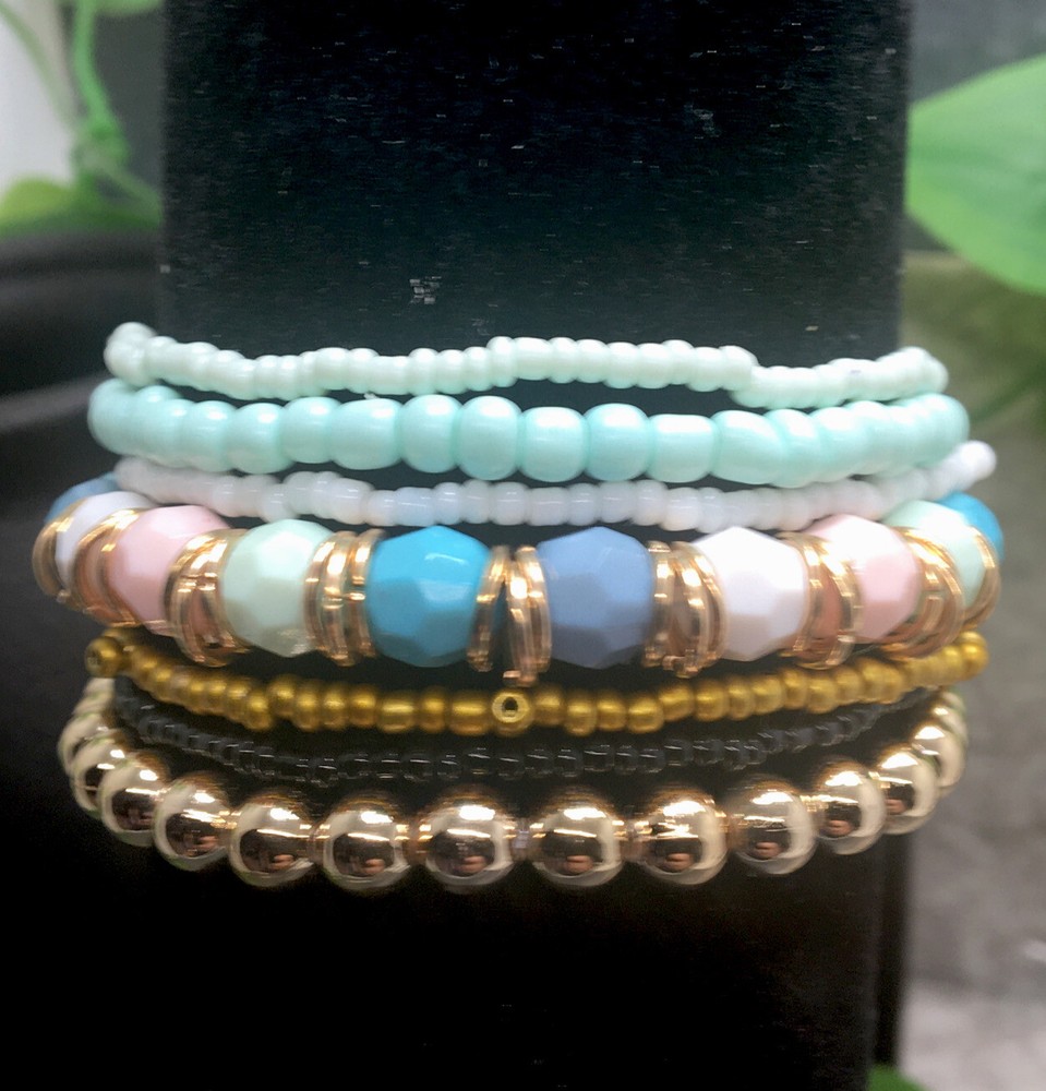 7 PC Handmade Bohemian Beaded Stackable 6.75" Plus Stretch Bracelet Set New A880