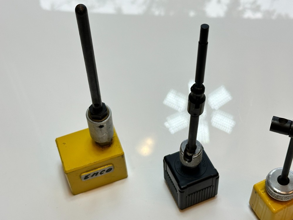 3pc Vintage ENCO Tools Co. Tiny Titan YELLOW Magnetic Base & 2 Flex Base Holders