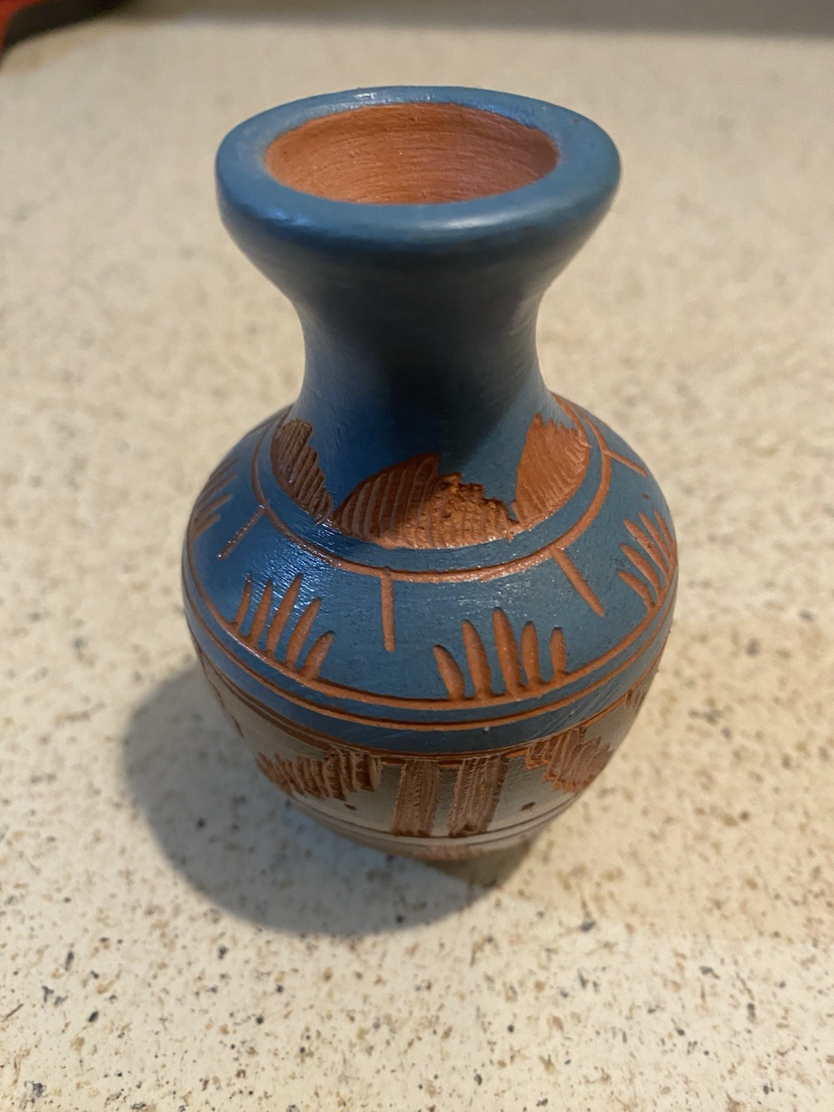 Signed Navajo Miniature Red Clay With Blue Overlay Etched Pottery Vase 4”