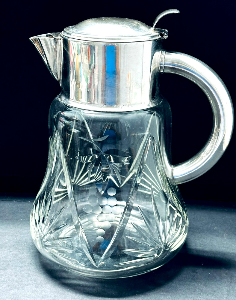Antique Vintage West Germany Pitcher Crystal Silver Plated Lid & Handle Etch 10"
