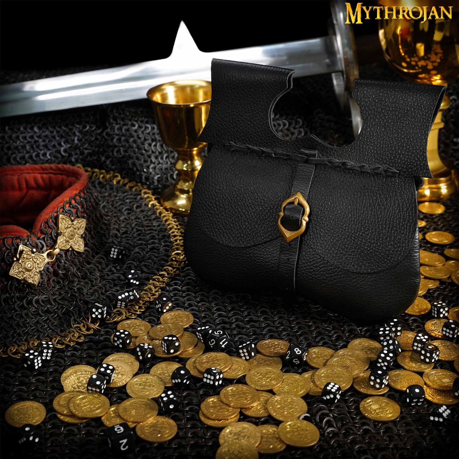Medieval Leather Belt Pouch with Buckle Loop Reenactment Costume Bag Black