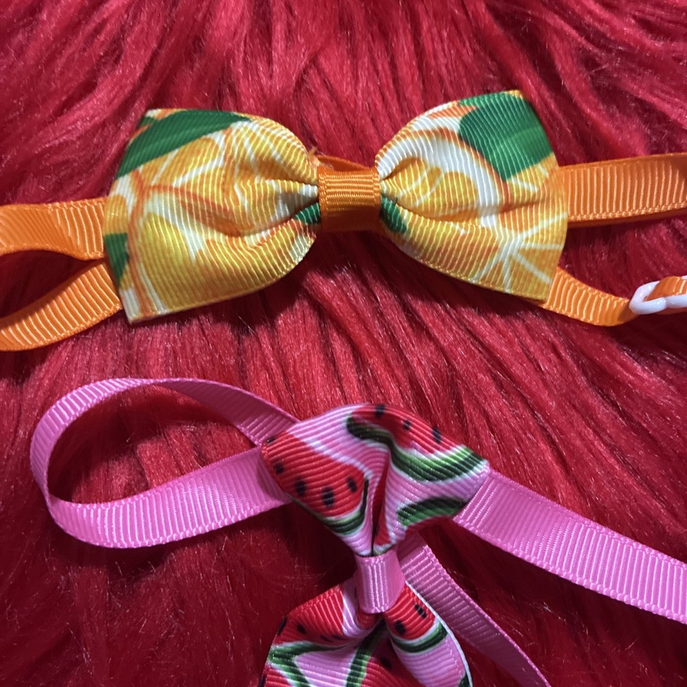 2 X Fruit Pattern, Cat Or Dog, Adjustable Bow & Tie Set. Homemade.