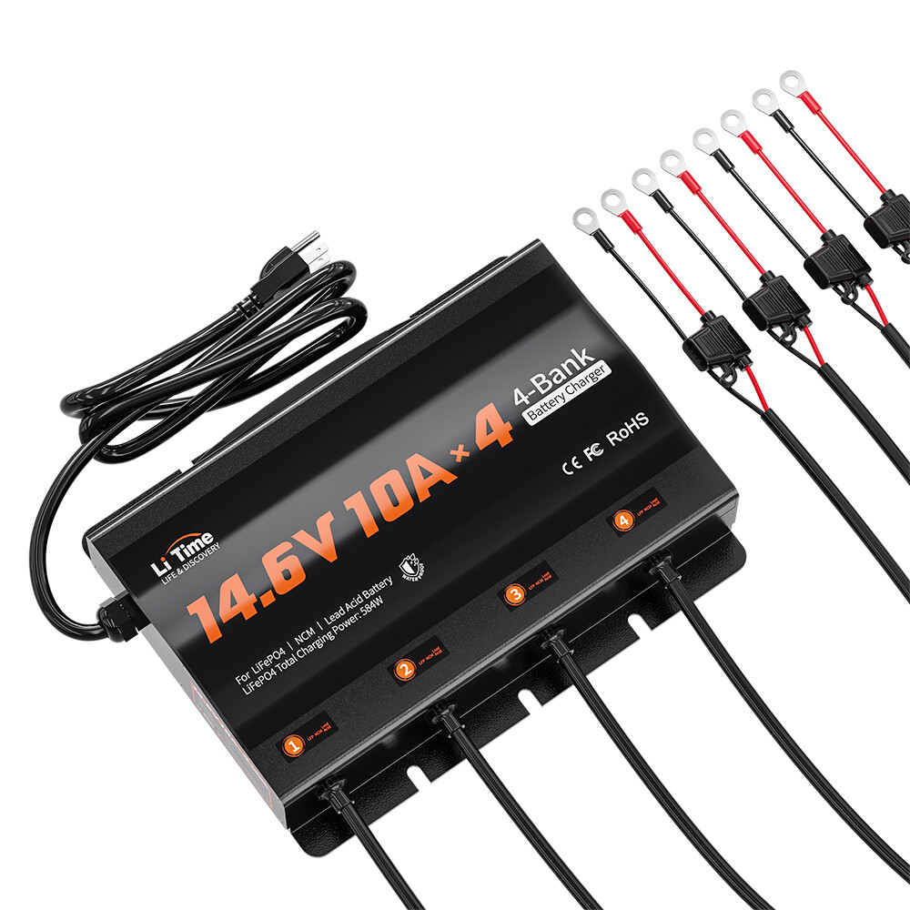 LiTime 14.6V 10A* 4 Bank Smart Battery Charger for Lithium LiFePO4 Lead Acid NCM