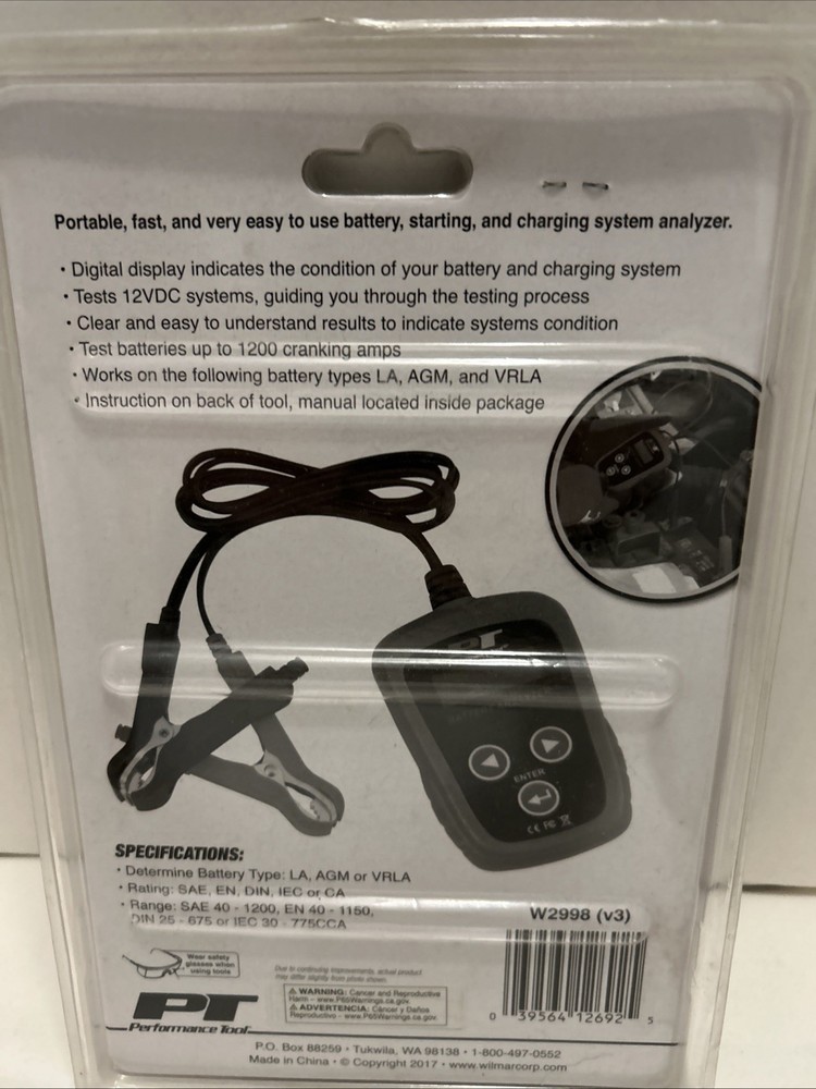 Performance Tool W2998 Digital 12v Battery Analyzer Tests DC Systems