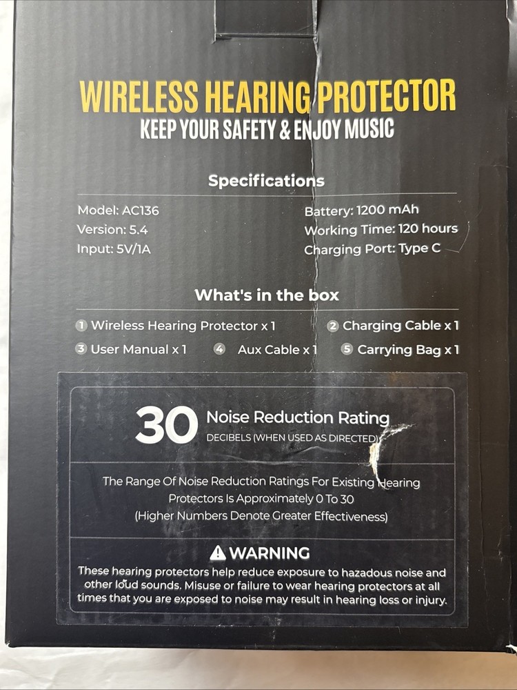 Wireless Hearing Protector With Bluetooth Technology Model Ac136 New - Open Box