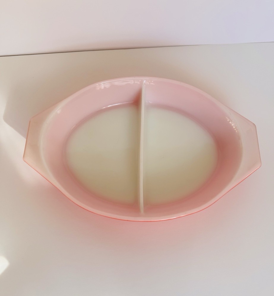 Vintage PYREX Red Friendship Pattern 1 Quart Divided Oval Glass Baking Dish