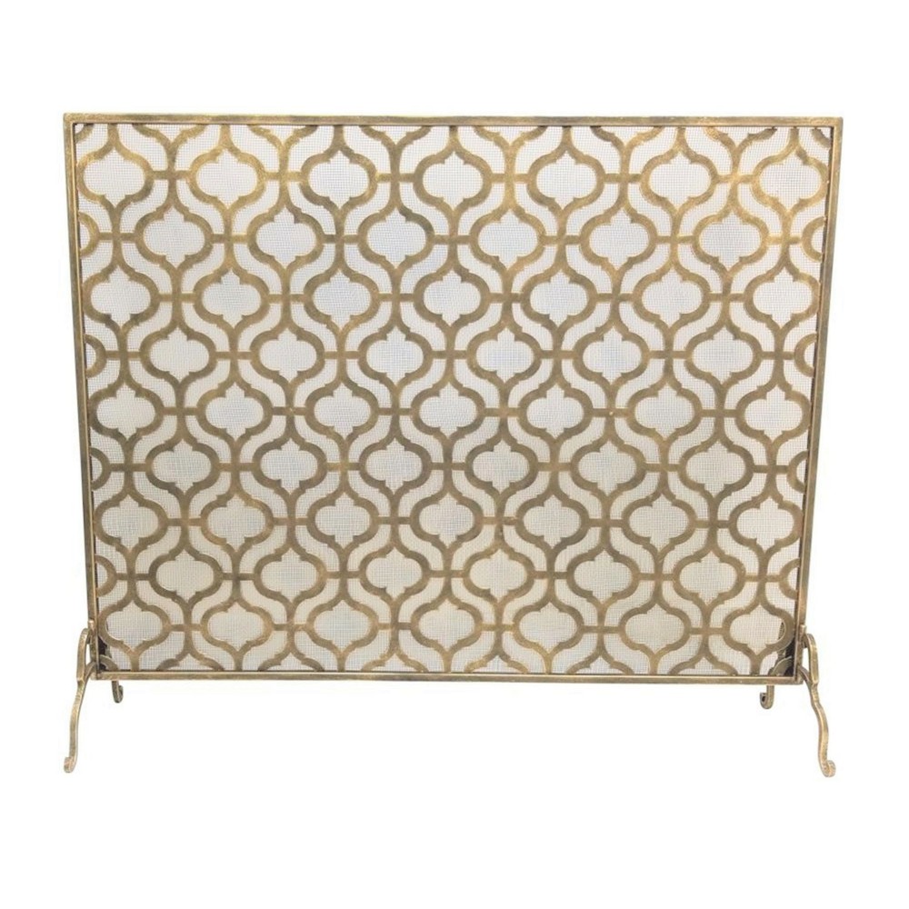 Large Gold Arabesque Fireplace Screen Midcentury Modern Quatrefoil Firescreen
