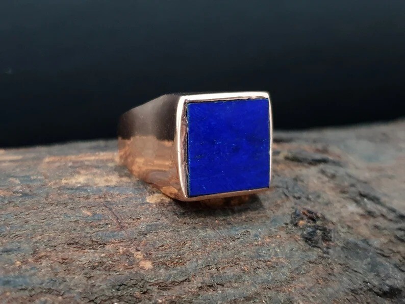 Lapis Lazuli Ring Gold Plated Square Signet Statement Ring Handmade