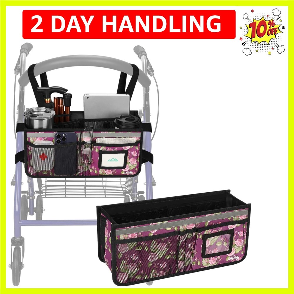 Rollator Basket, Rollator Walker Bag w/Cup Holder, Foldable Rolling Walker Wa...