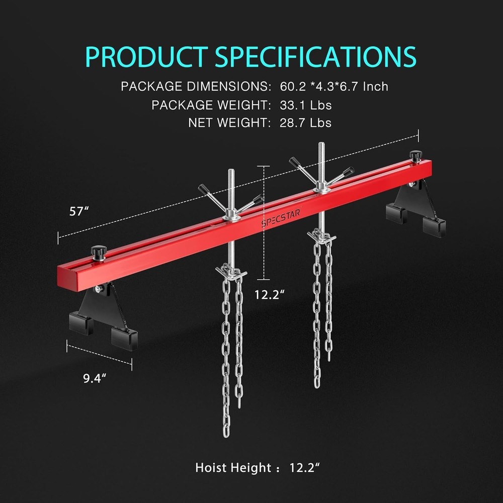 1100 lbs Heavy-Duty Engine Support Bar Hoist with Adjustable Height & Dual Hooks
