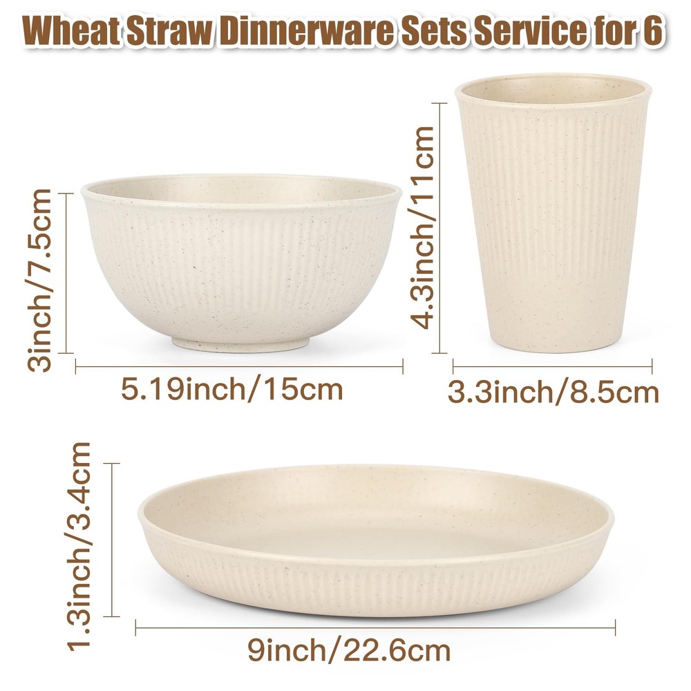 18PCS Wheat Straw Dinnerware Sets Unbreakable Reusable Set Beige