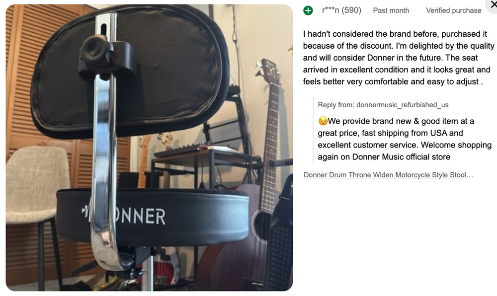 Donner DHT-250 Drum Throne With Backrest Motorcycle Style Stool Adjust Height