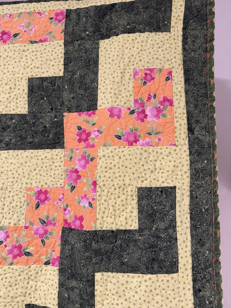 Patchwork Quilt Throw Blanket Handmade Signed Reversible Zigzag Floral 55”x39”