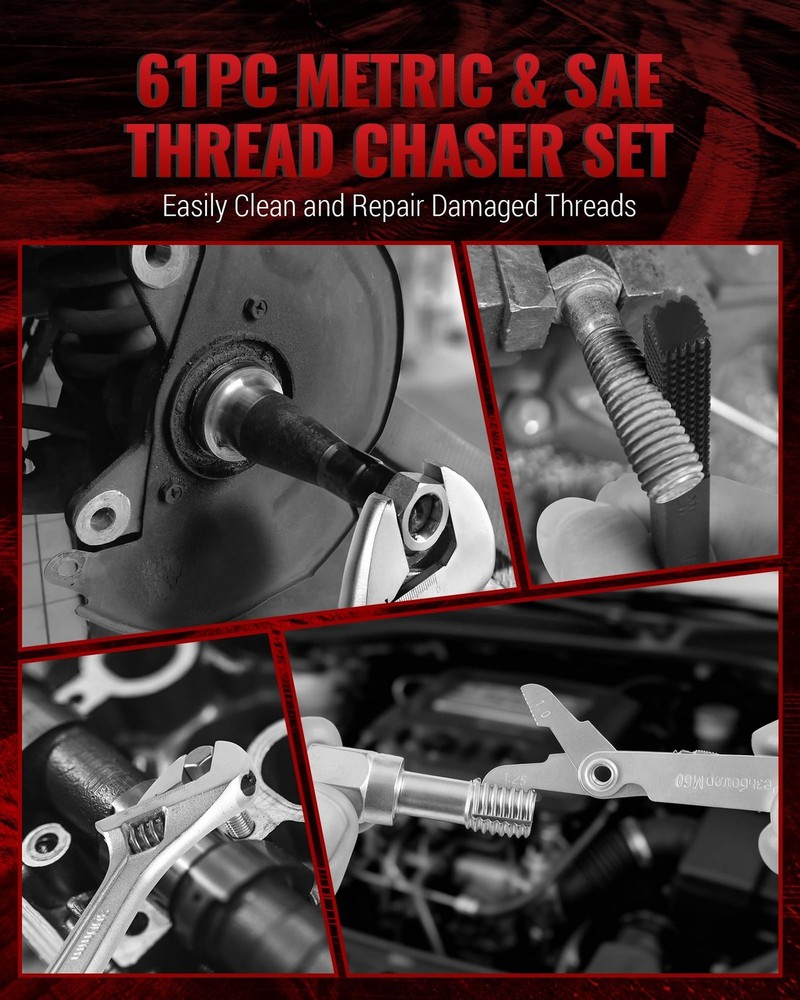 61 PC Thread Chaser Set, Metric and SAE Thread Restorer Tool with 28 Taps 28 ...